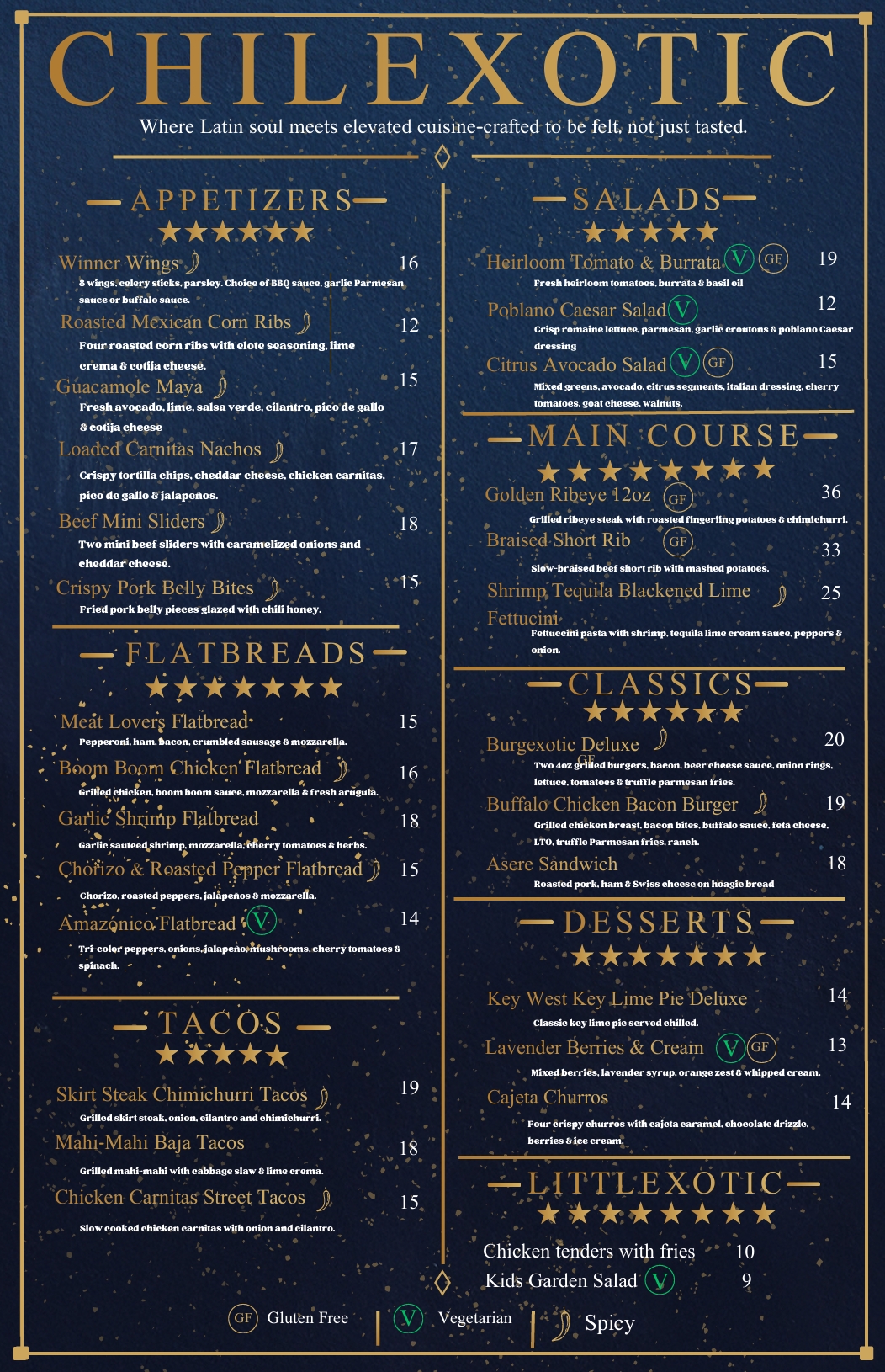 Chilexotic dinner menu Orlando with appetizers, tacos, entrees, burgers, desserts, and kids menu
