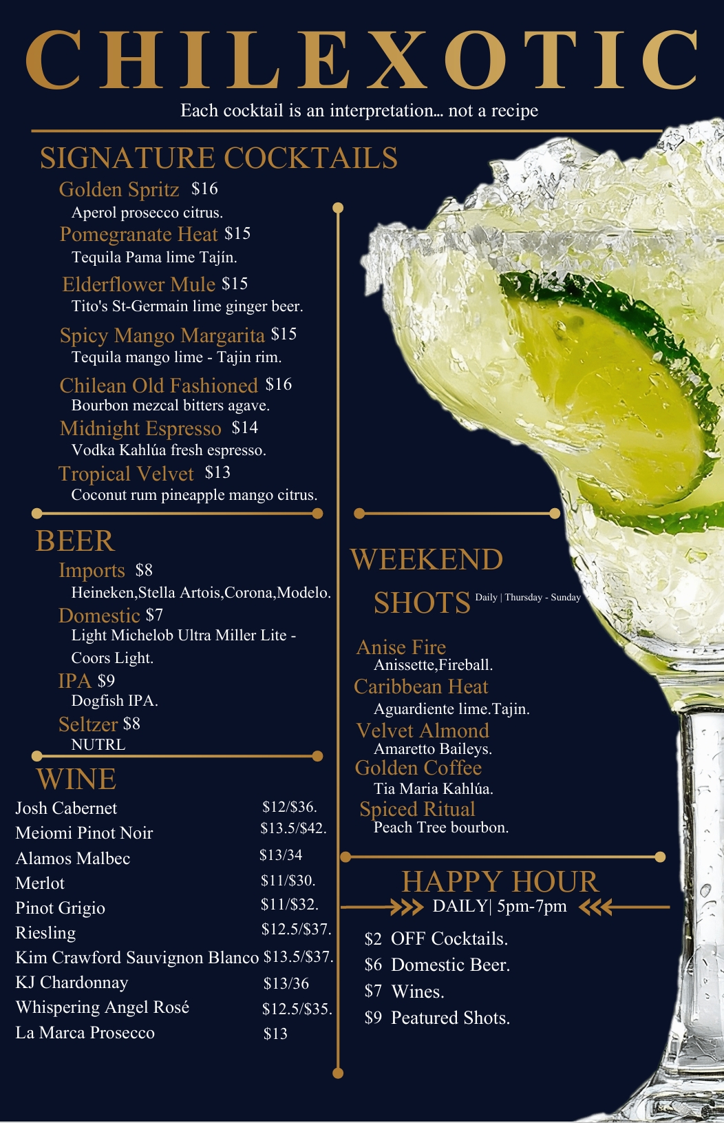 Chilexotic cocktail menu for happy hour near UCF